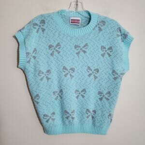 Vintage Picture Perfect sparkly‎ bow ribbon pattern sleeveless sweater vest sz L
